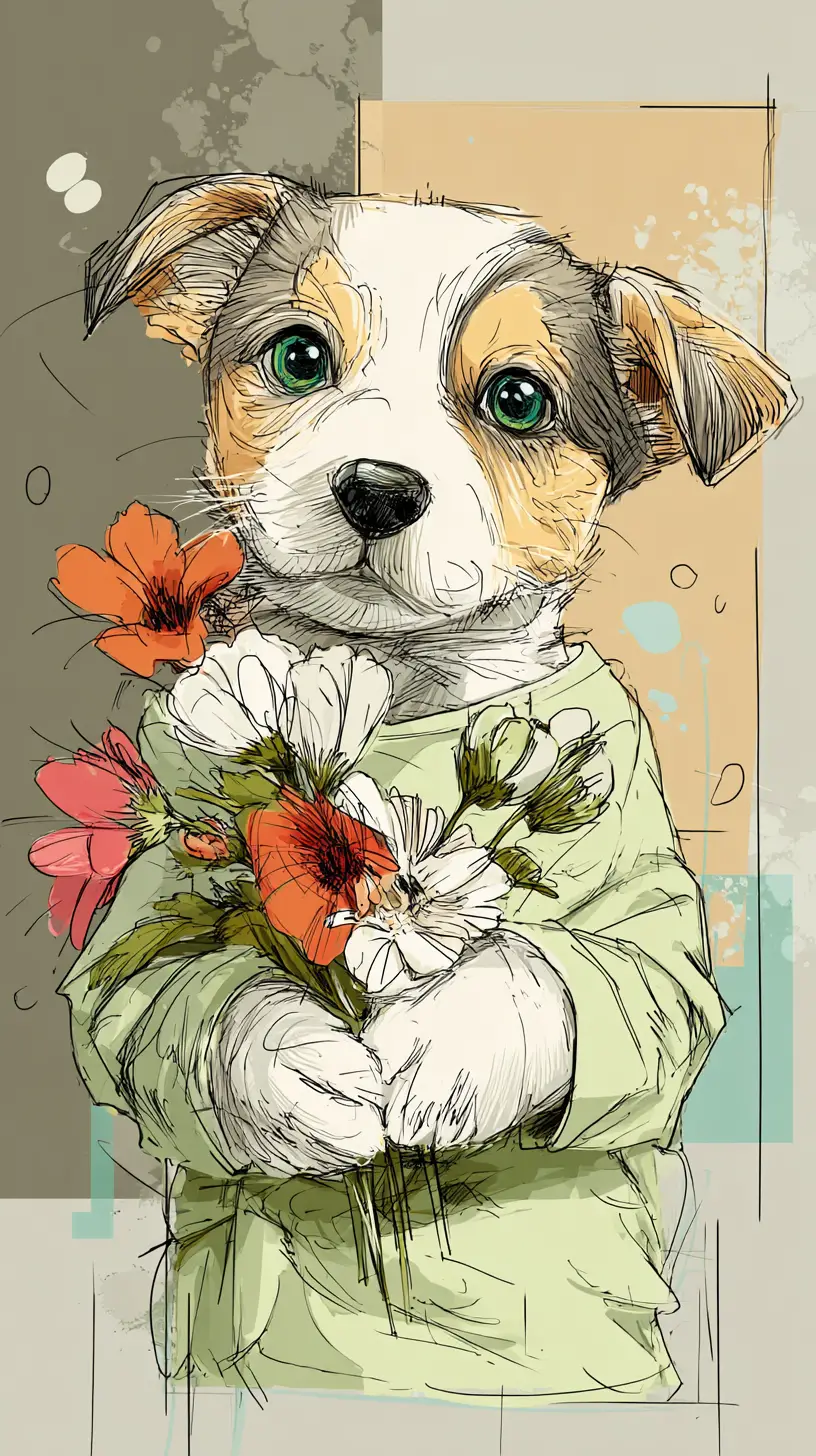 Cute puppy holding colorful flower bouquet illustration
