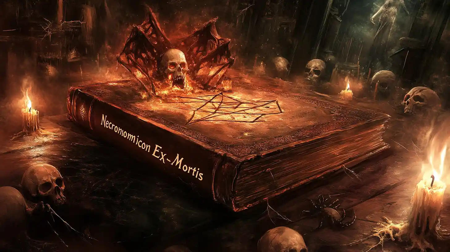 Necronomicón Maldito Sobre Mesa con Pentagrama en Habitación Oscura