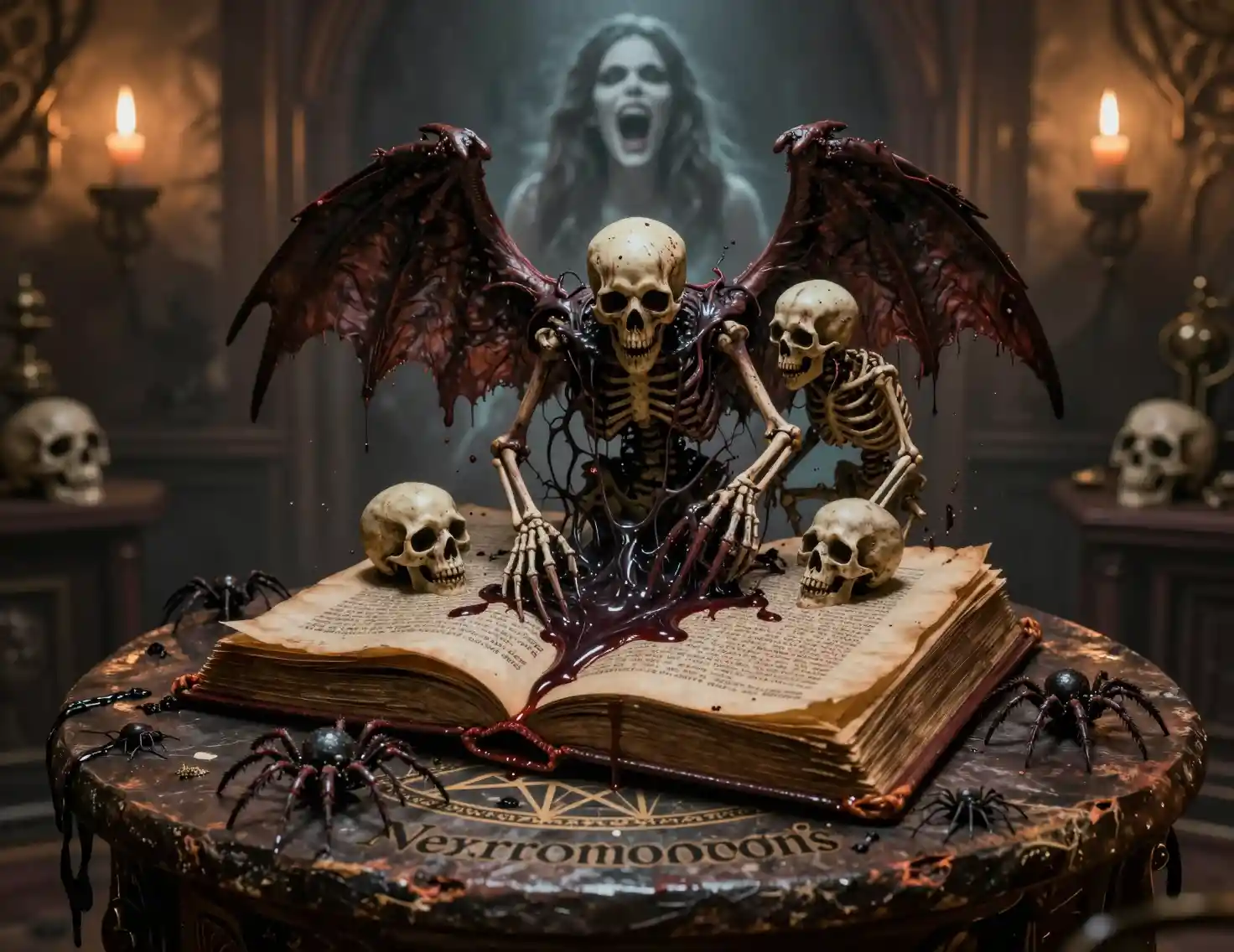Libro de magia maldito sobre un altar con pentagrama en la oscuridad