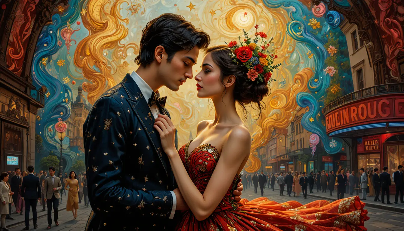 Romantic couple in Paris at dawn in surreal style