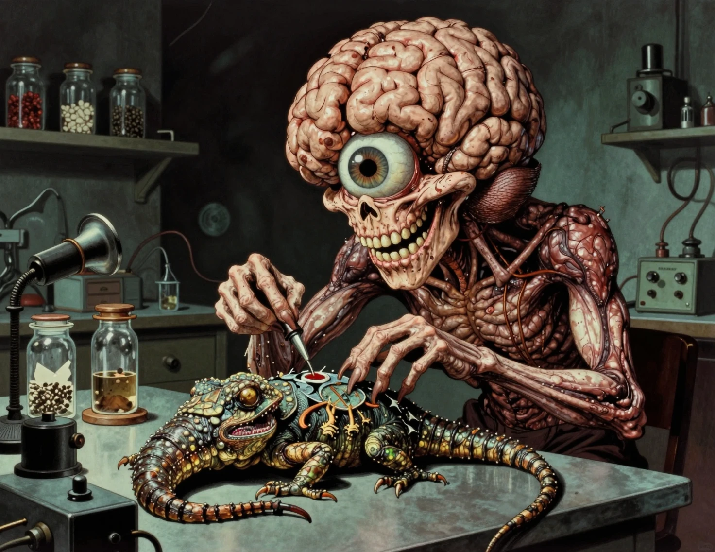 Monstruo cerebral gigante de un solo ojo en un laboratorio escalofriante