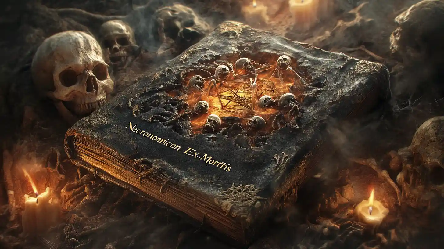 Libro de magia maldito sobre una mesa con pentagrama en la oscuridad