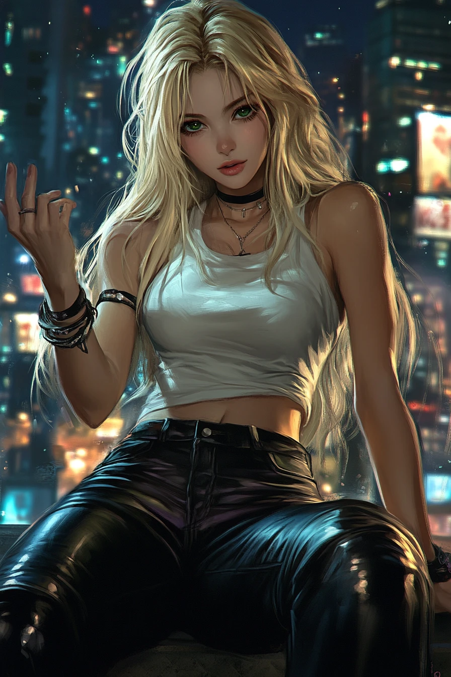 夜晚街頭上伸出手的金髮白背心女孩