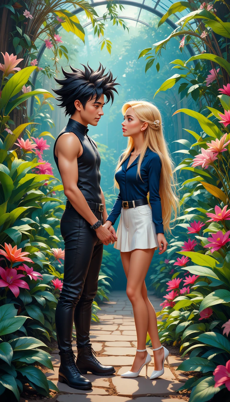 Romantic couple holding hands in lush botanical garden