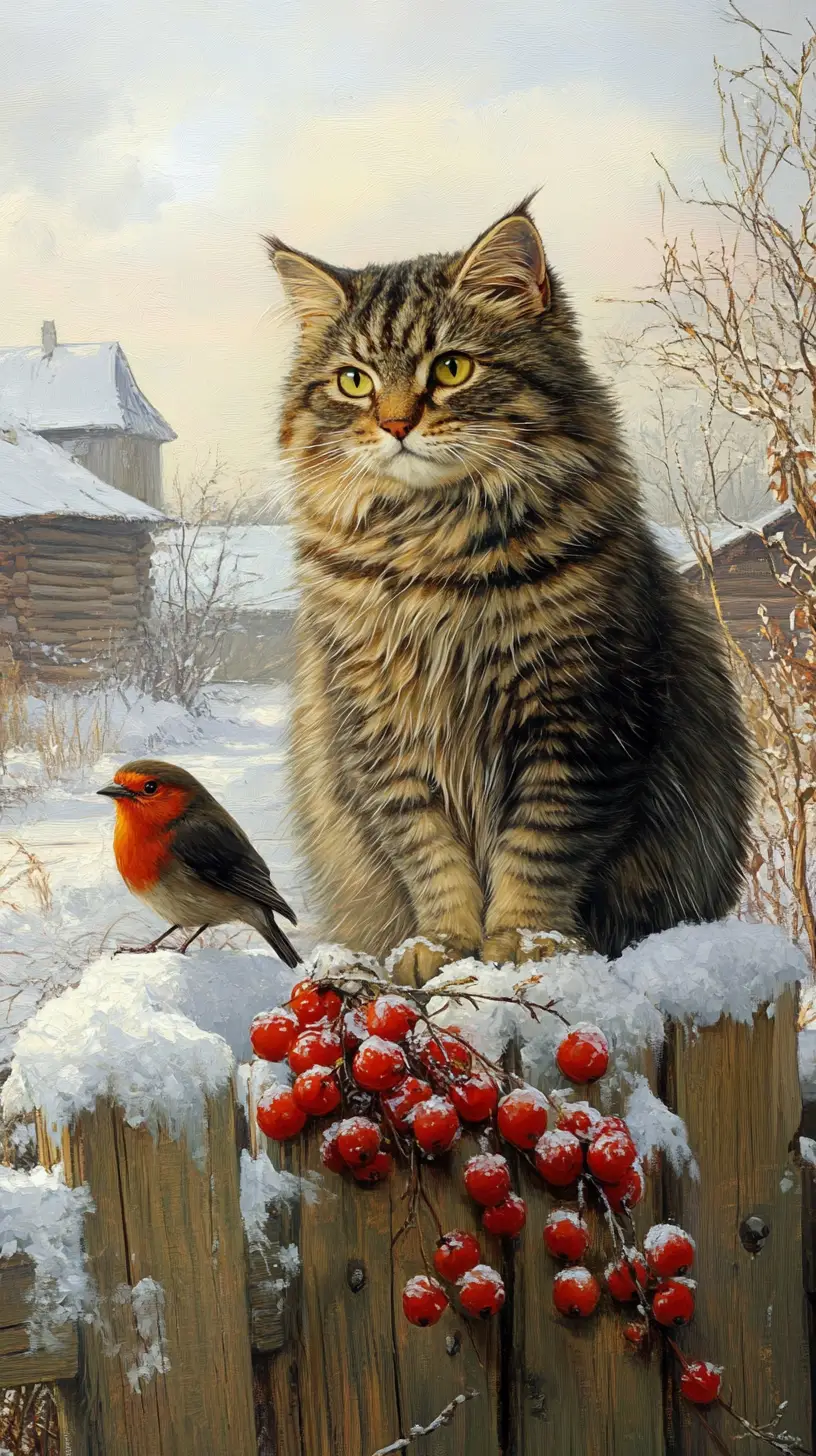 Siberian cat and bullfinch in a peaceful winter village