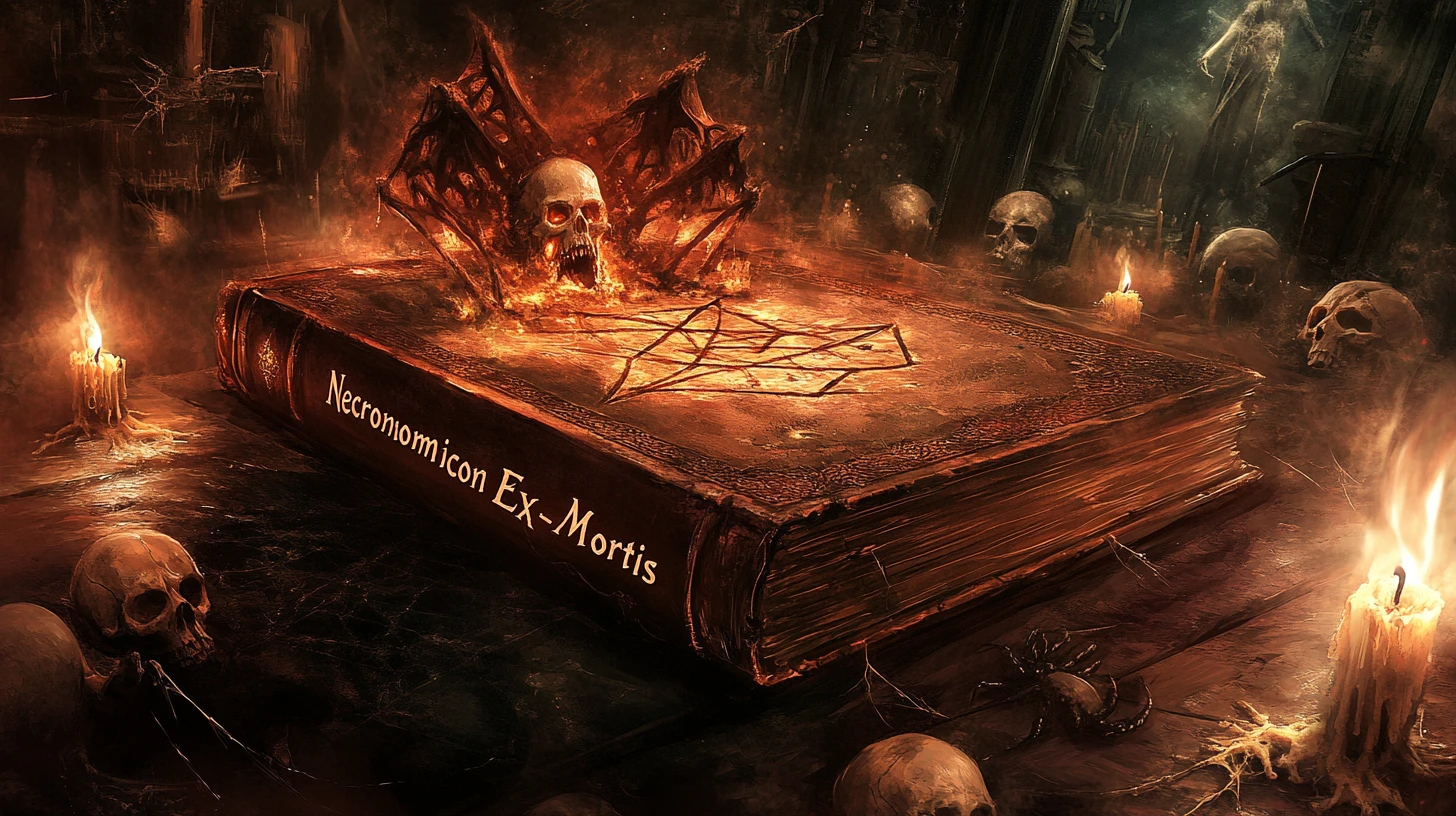 Necronomicón Maldito Sobre Mesa con Pentagrama en Habitación Oscura