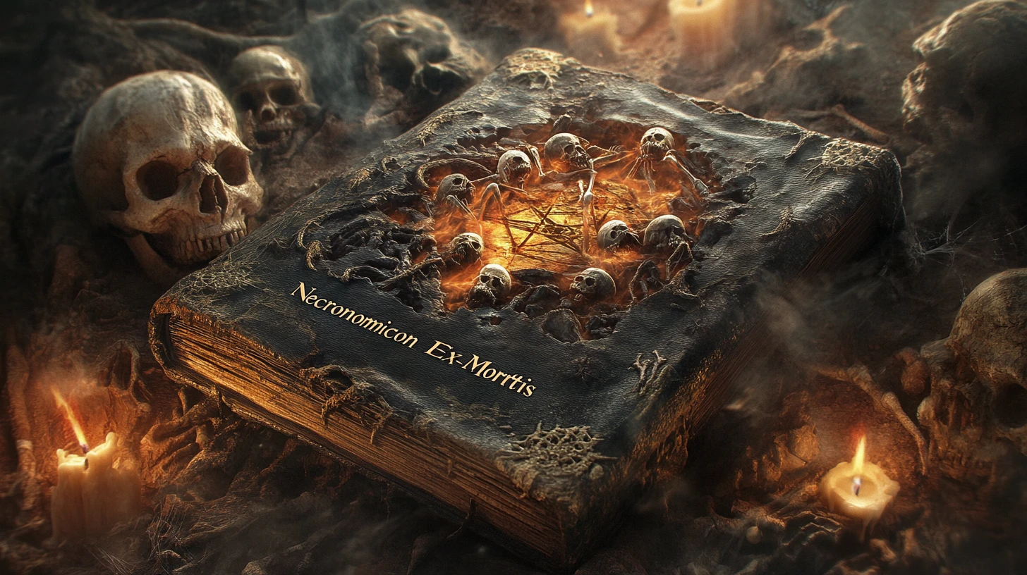 Cursed magic book on a pentagram table in darkness