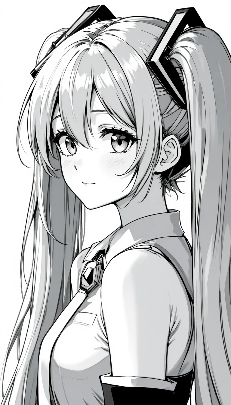 Smiling anime girl in monochrome side profile line art