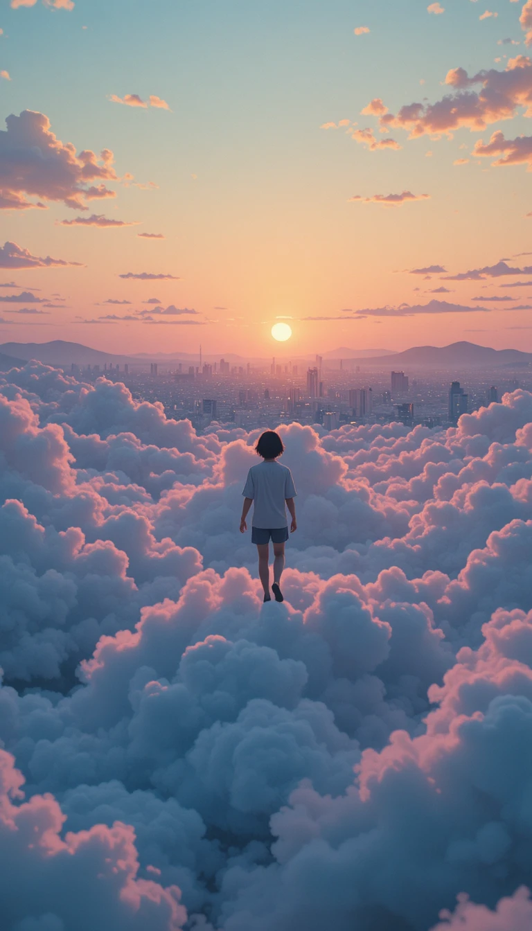 Person Walking On Soft Clouds In Pastel Sunset Sky