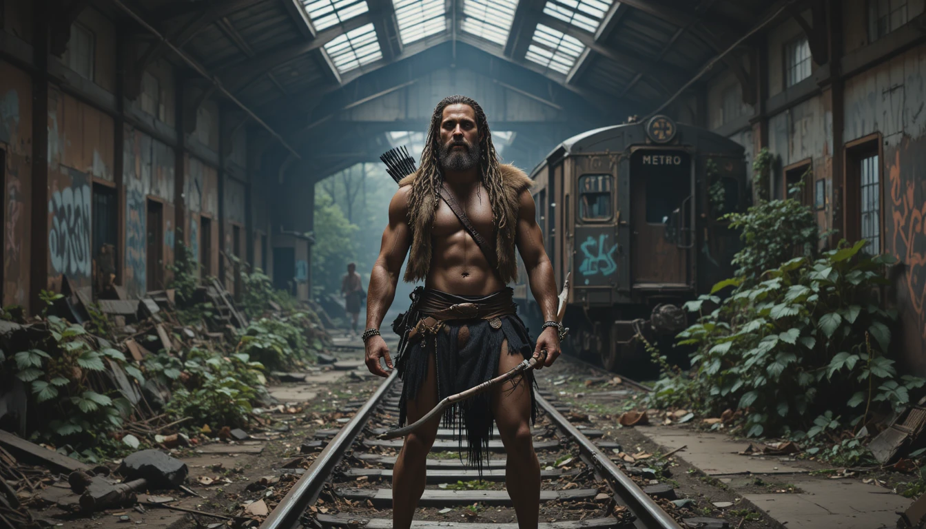 Bearded warrior with bow standing on abandoned metro tracks