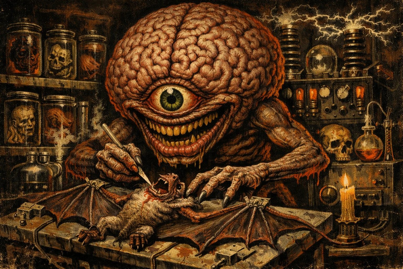 Monstruo Cerebral Gigante de un Solo Ojo en un Laboratorio Gótico