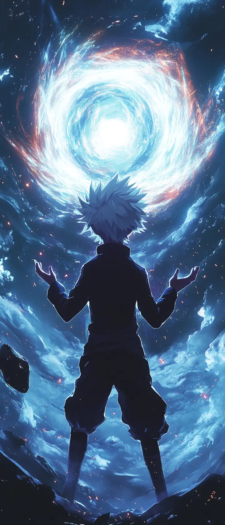 Anime boy holding radiant orb in dark void