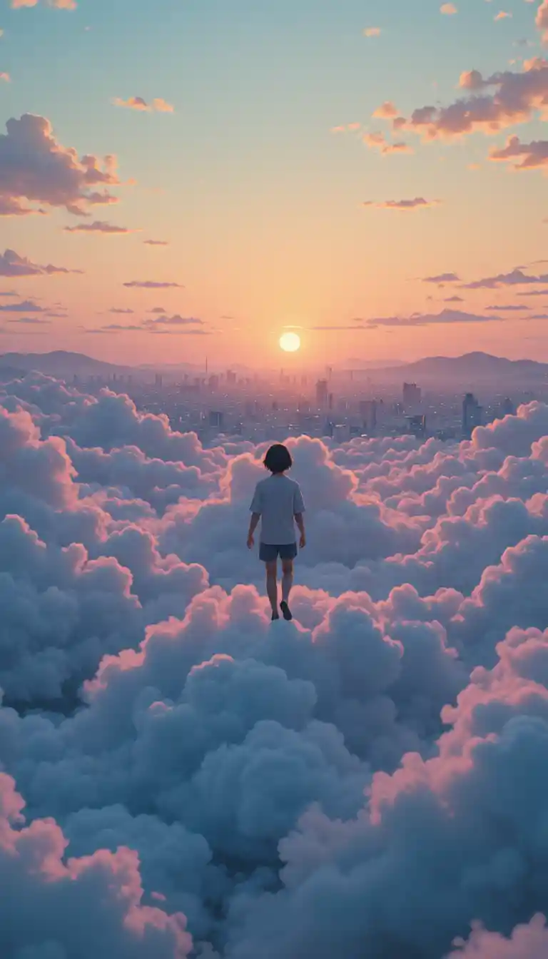 Persona che Cammina su Soffici Nuvole in un Cielo al Tramonto Pastello