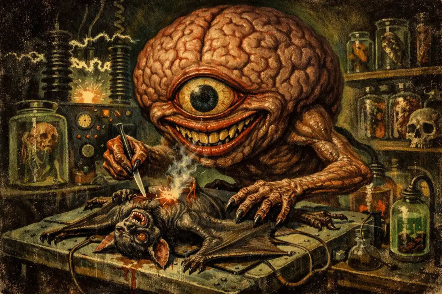 Monstruo gigante de cerebro con un solo ojo en un laboratorio gótico de horror