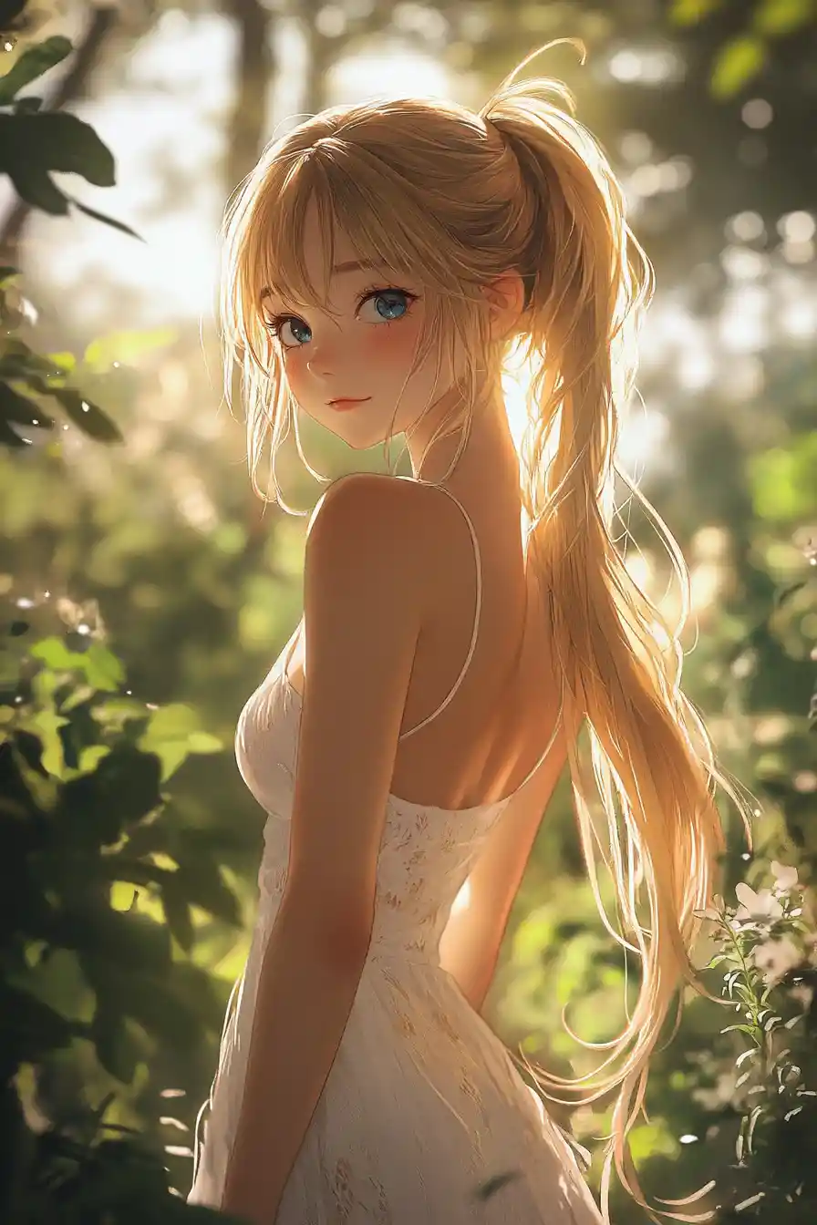 Tanned blonde girl in summer dress glancing back outdoors