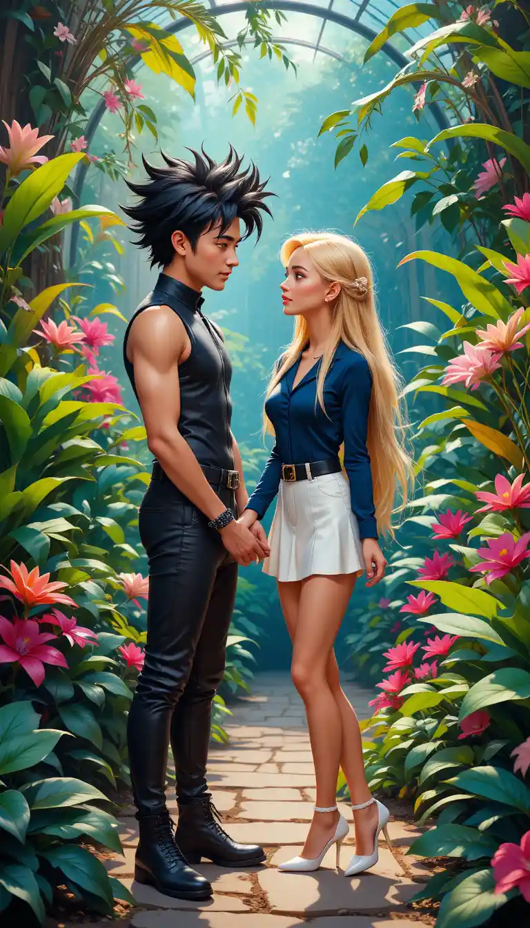Romantic couple holding hands in lush botanical garden