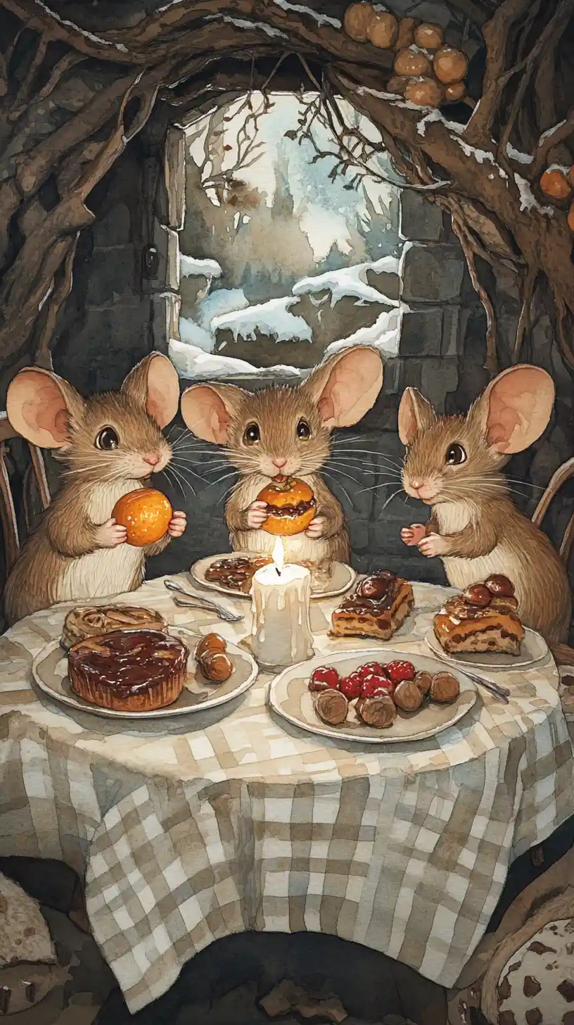 Cozy mice sharing a winter feast by candlelit table