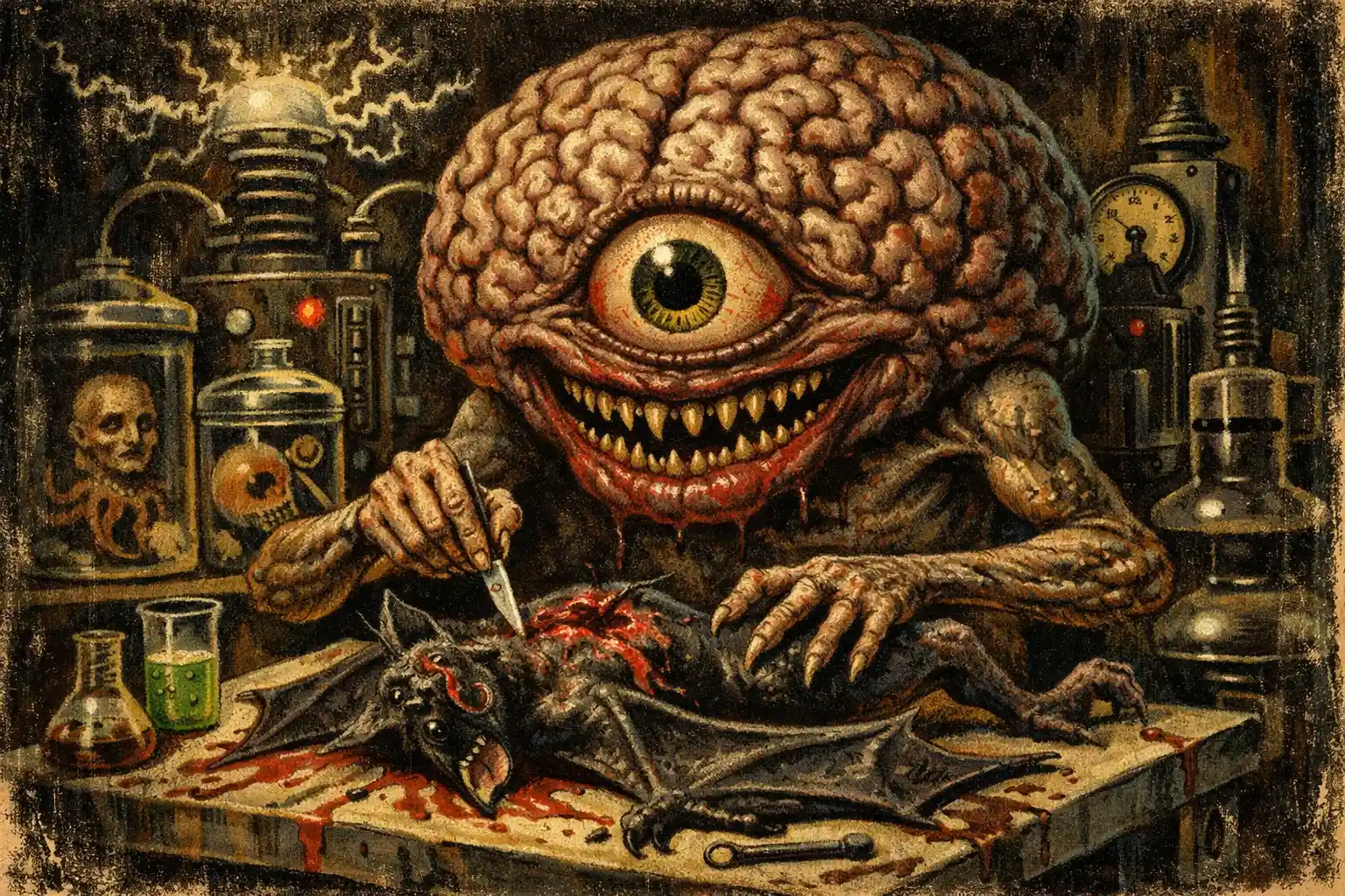 Monstre Cerveau Géant Grotesque dans un Laboratoire d’Horreur Gothique