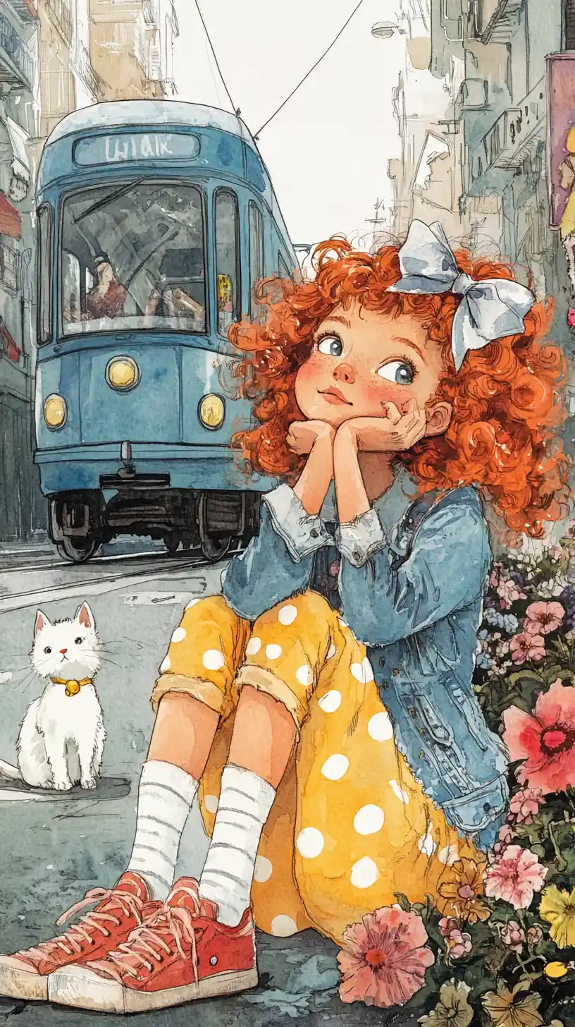 Dreamy Red Haired Girl Sitting On Flower Filled Street