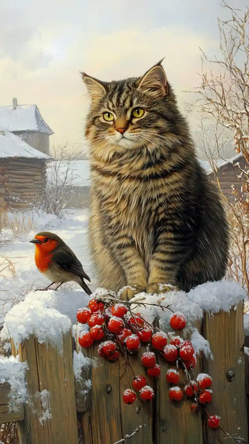 Siberian cat and bullfinch in a peaceful winter village