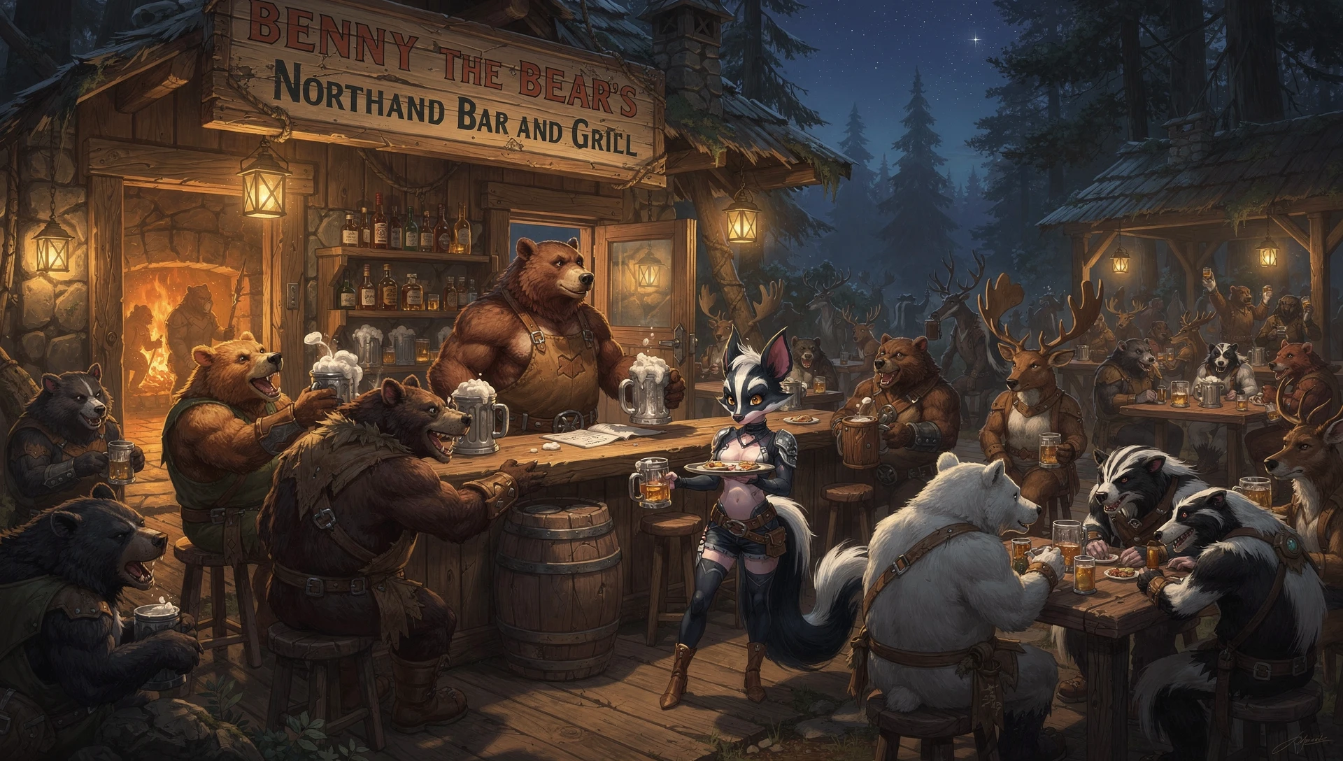 Fantasy bears drinking together in a rustic forest tavern
