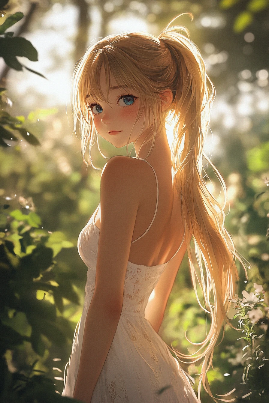 Tanned blonde girl in summer dress glancing back outdoors