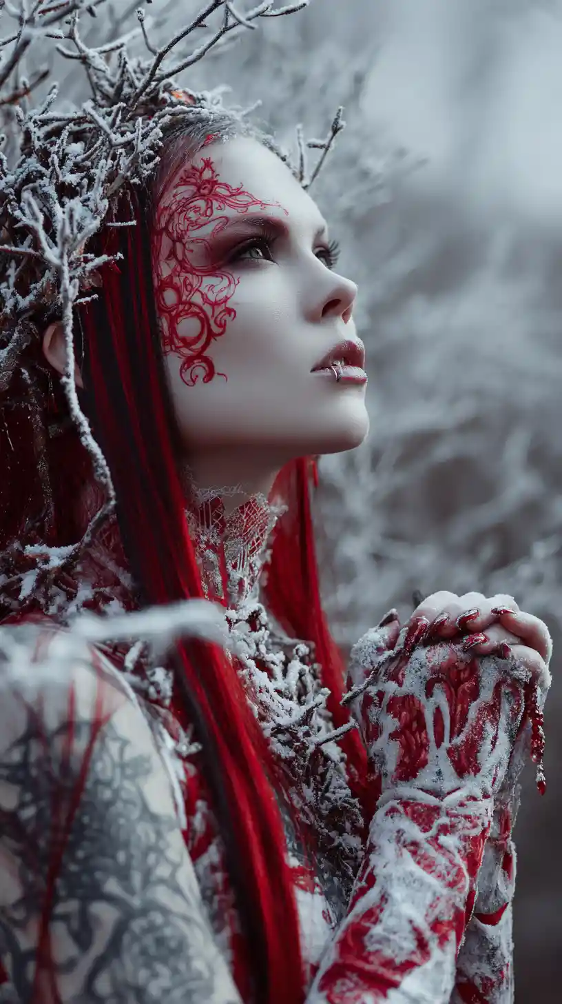 Hechicera malvada en un bosque helado con magia roja
