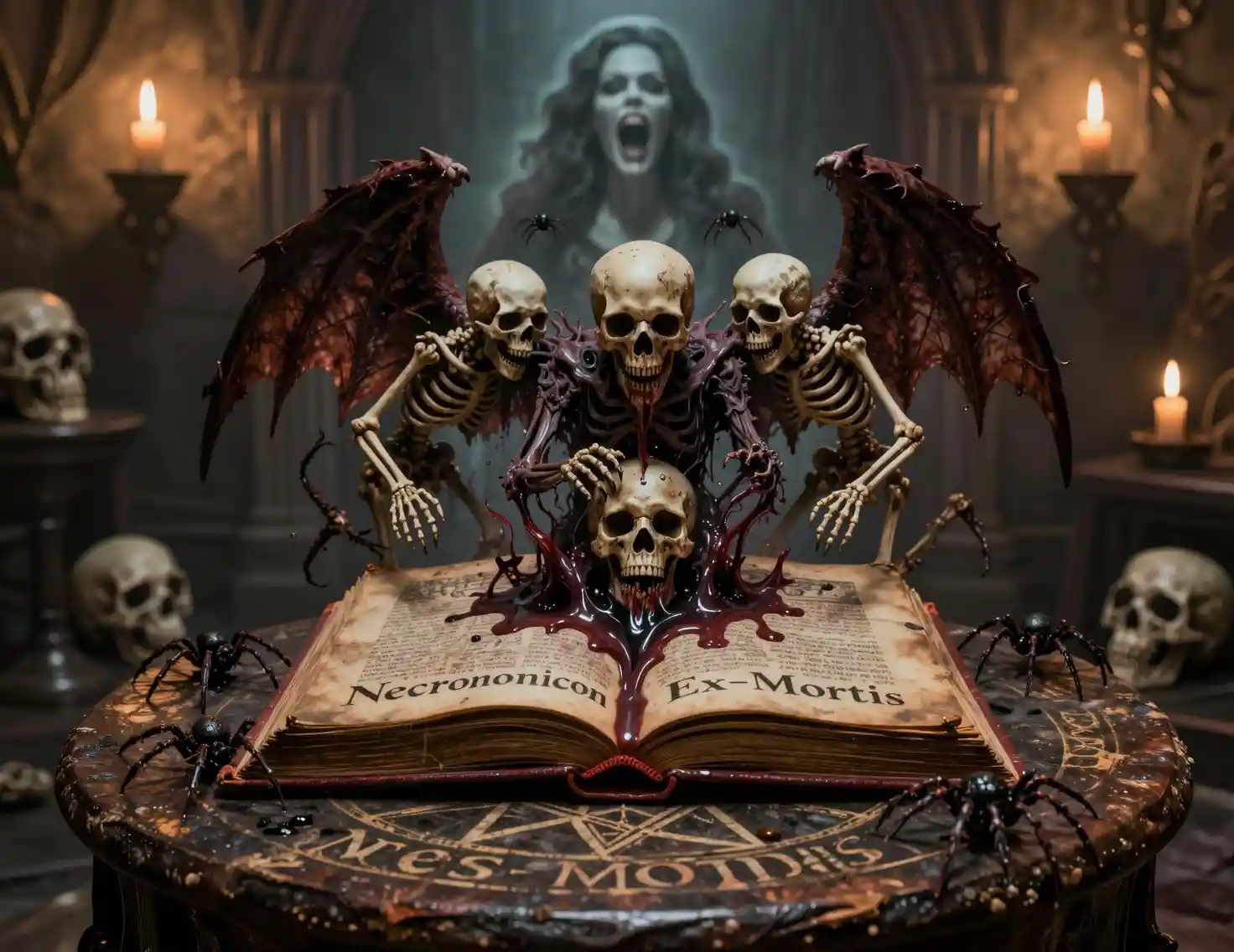 Antigo livro amaldiçoado sobre mesa com pentagrama em sala escura