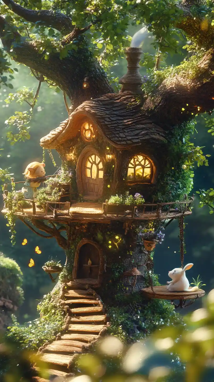 Whimsical treehouse in a fairy tale forest with animals