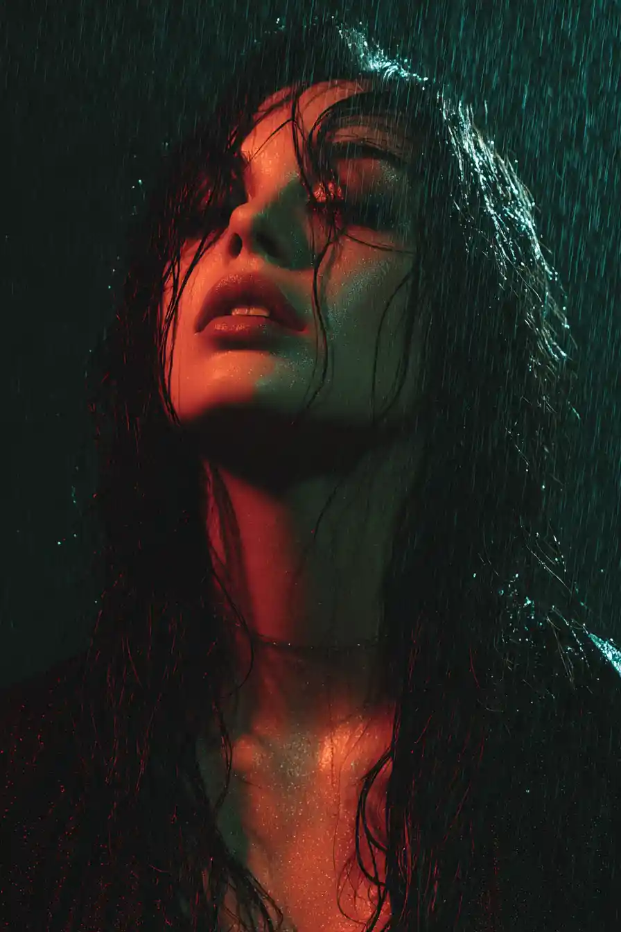 Jovem mulher encharcada pela chuva noturna sob um fraco brilho acima