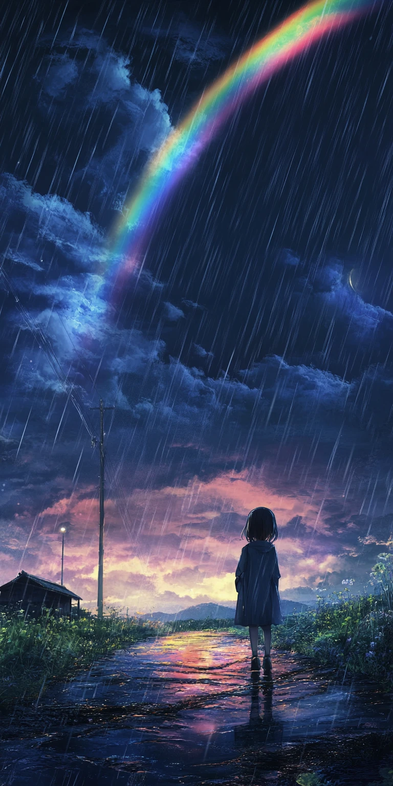 Man crying with joy in the rain under a dark sky