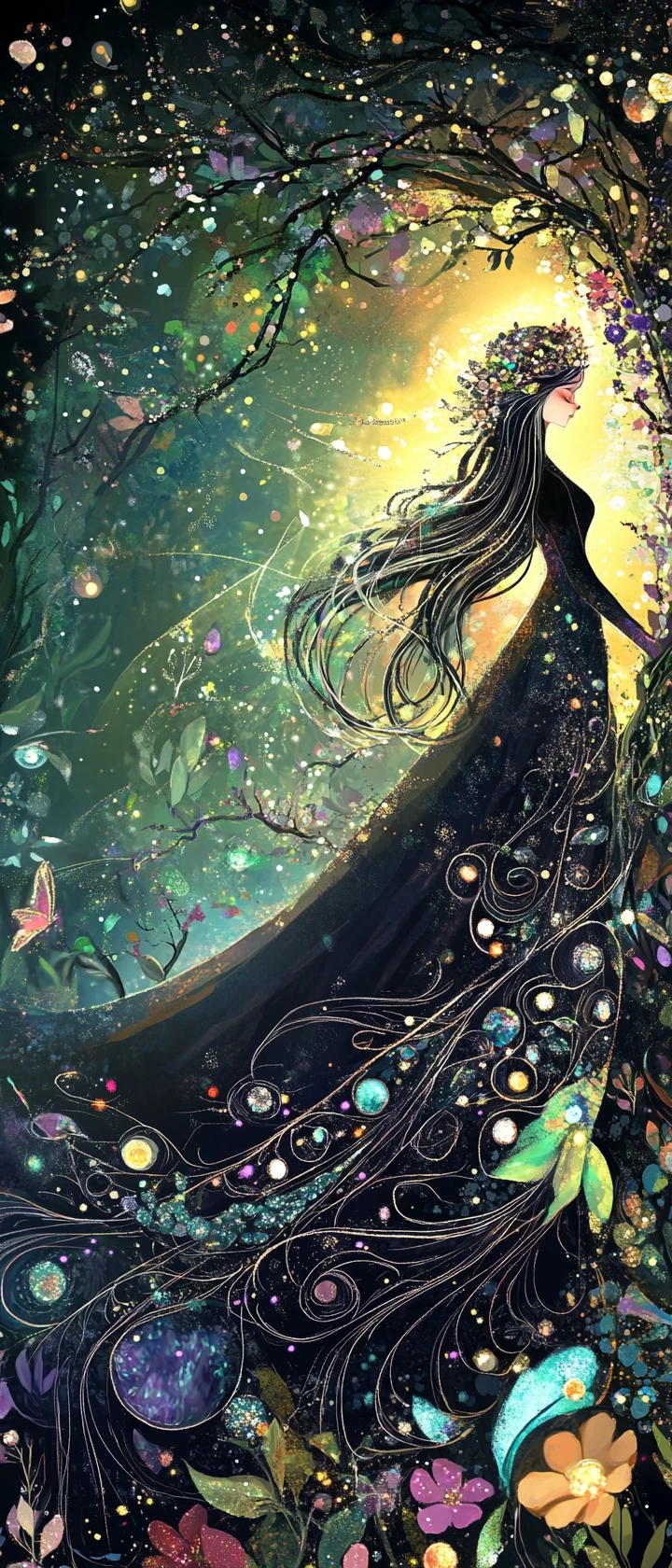 Femme éthérée de diamant irradiant une lumière dorée cosmique