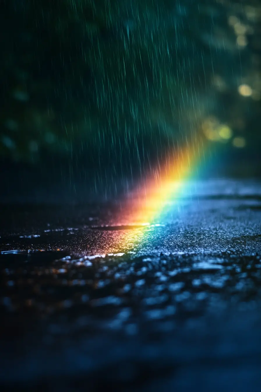 Person crying happily in the rain at night