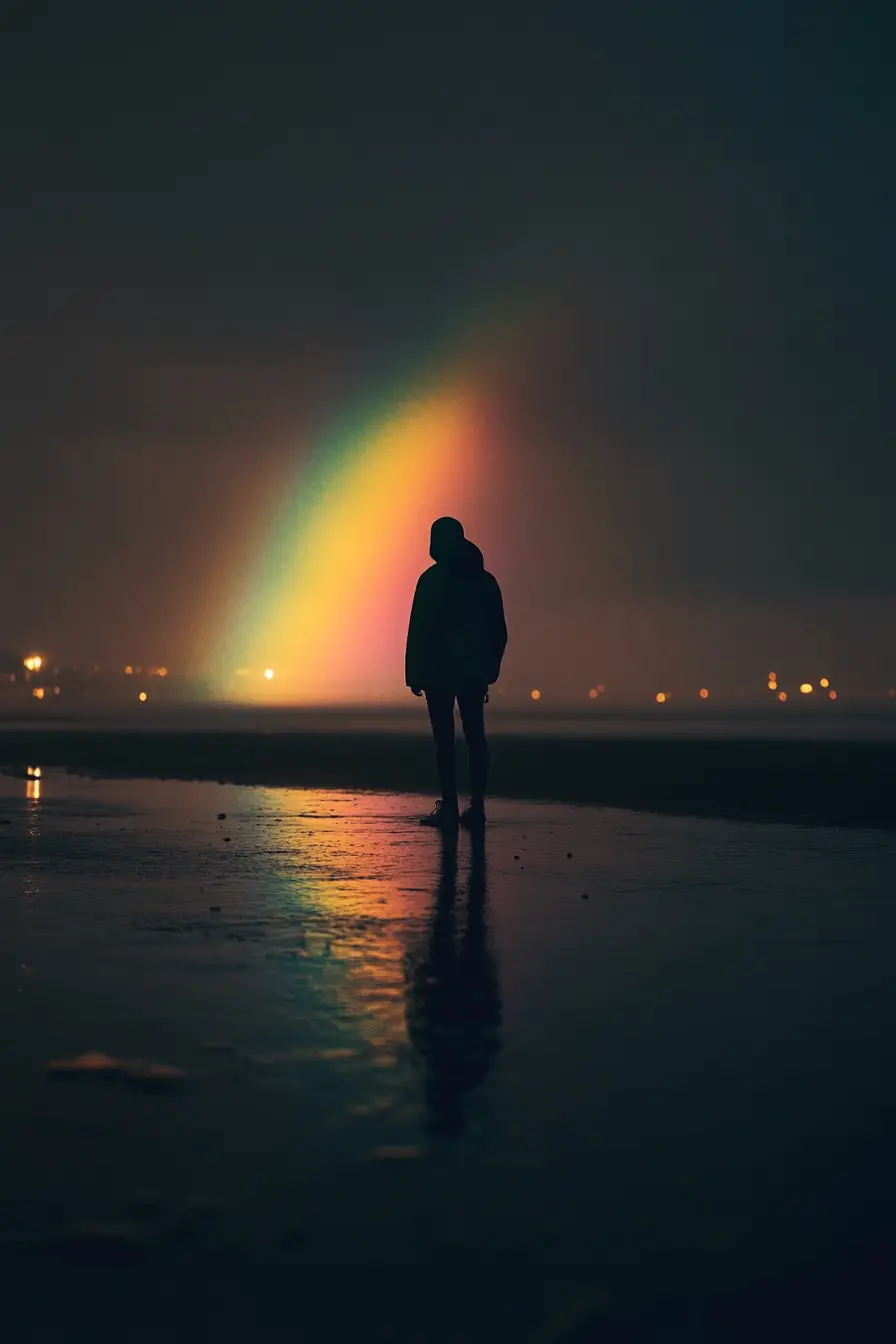 Girl crying with joy in the rain under a dark sky