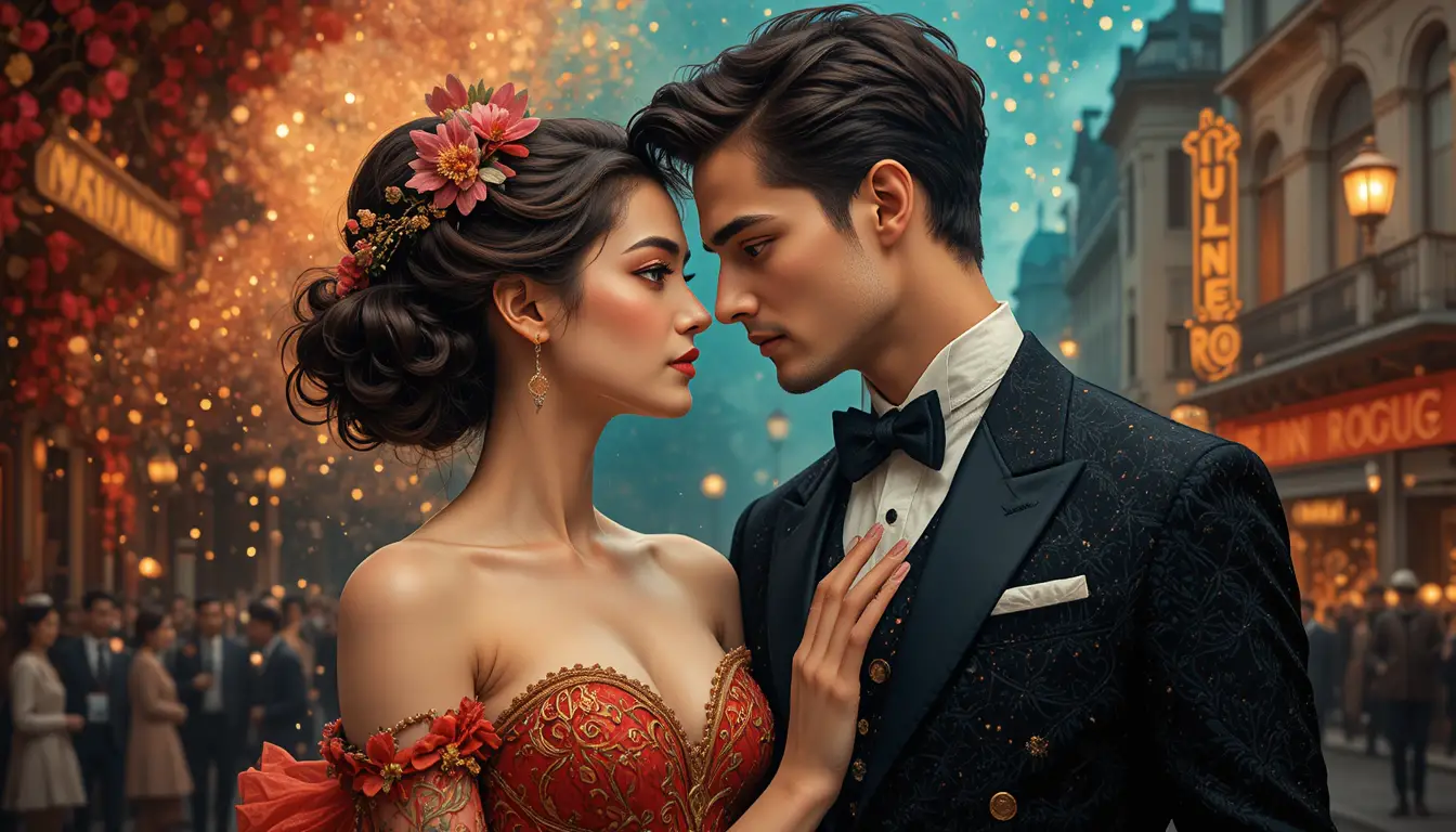 Romantic couple at dawn in a dreamlike Paris street
