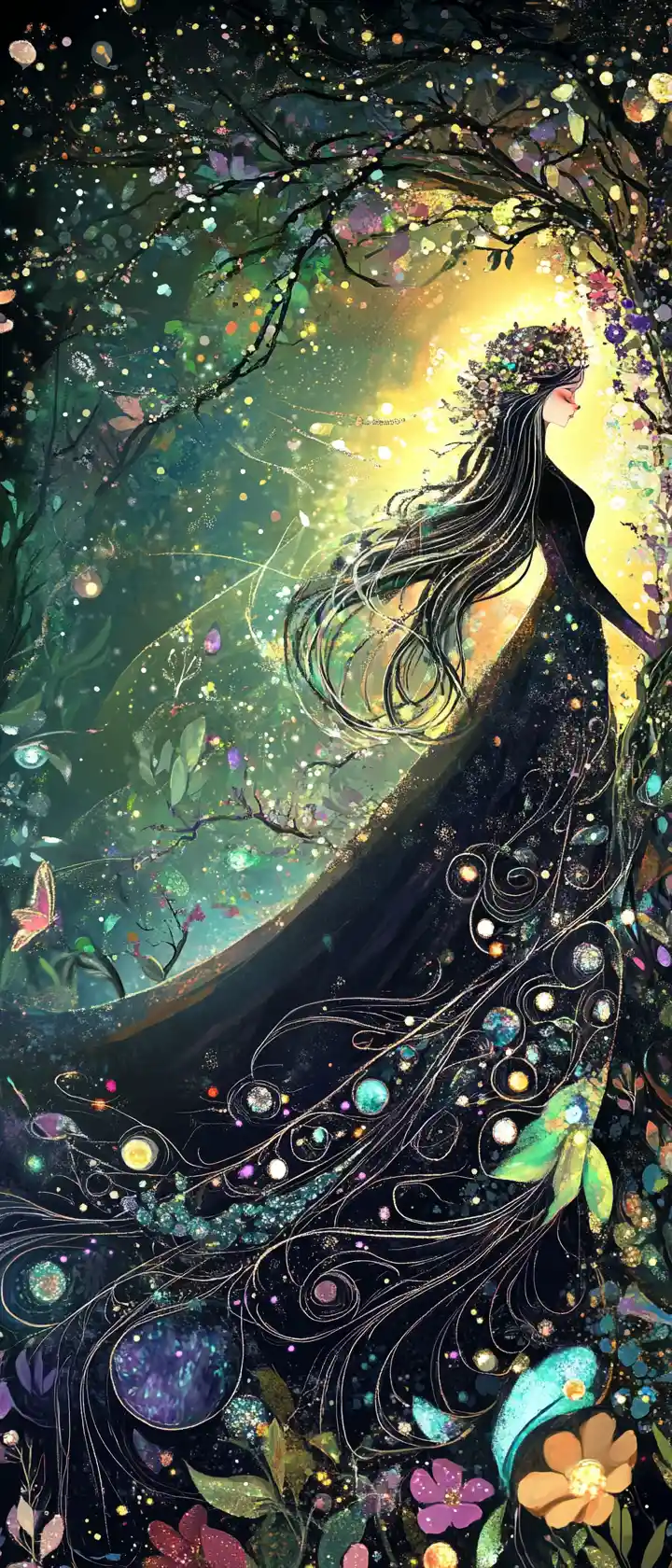 Ethereal diamond woman glowing in cosmic golden light