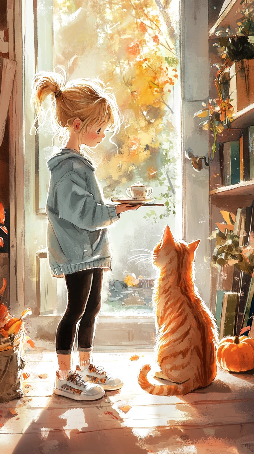 Curious girl serving tea to a wide eyed ginger cat
