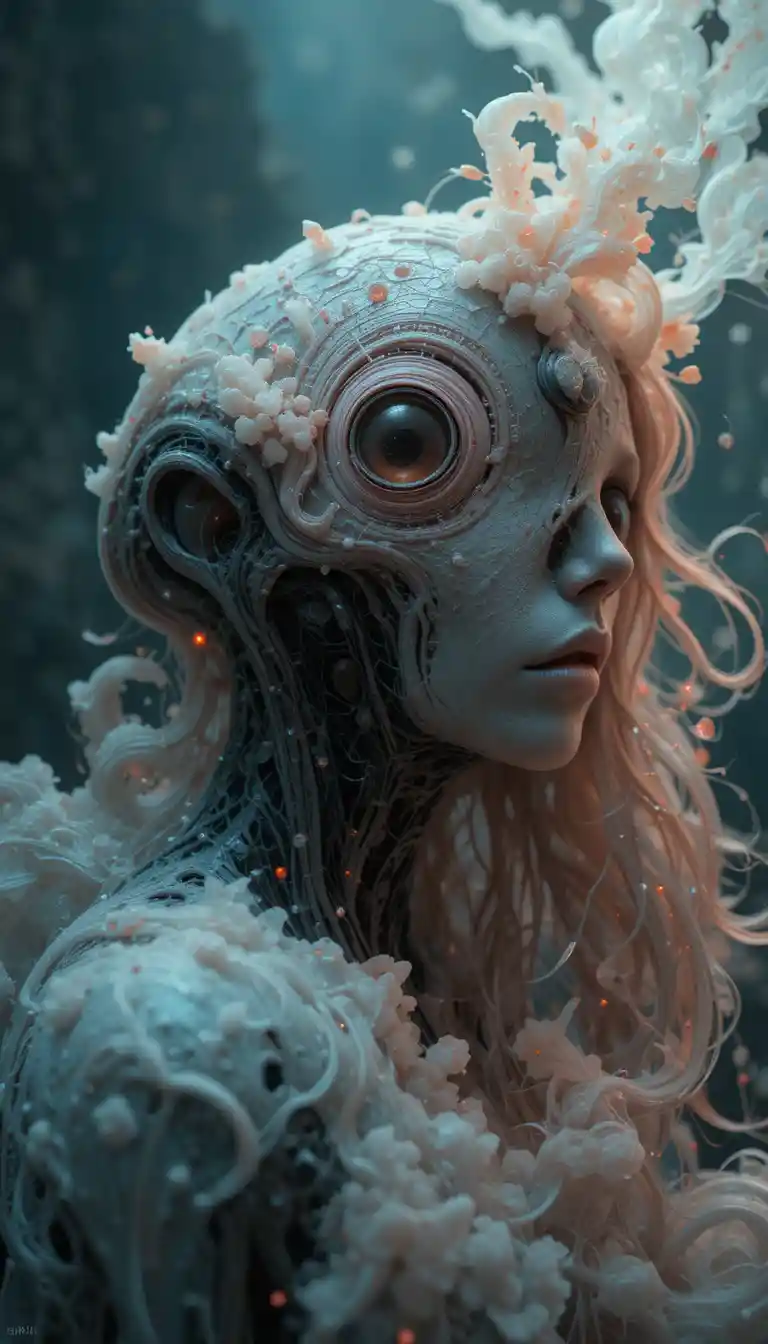 Spaventoso alieno che emerge in una cupa scena sci‑fi