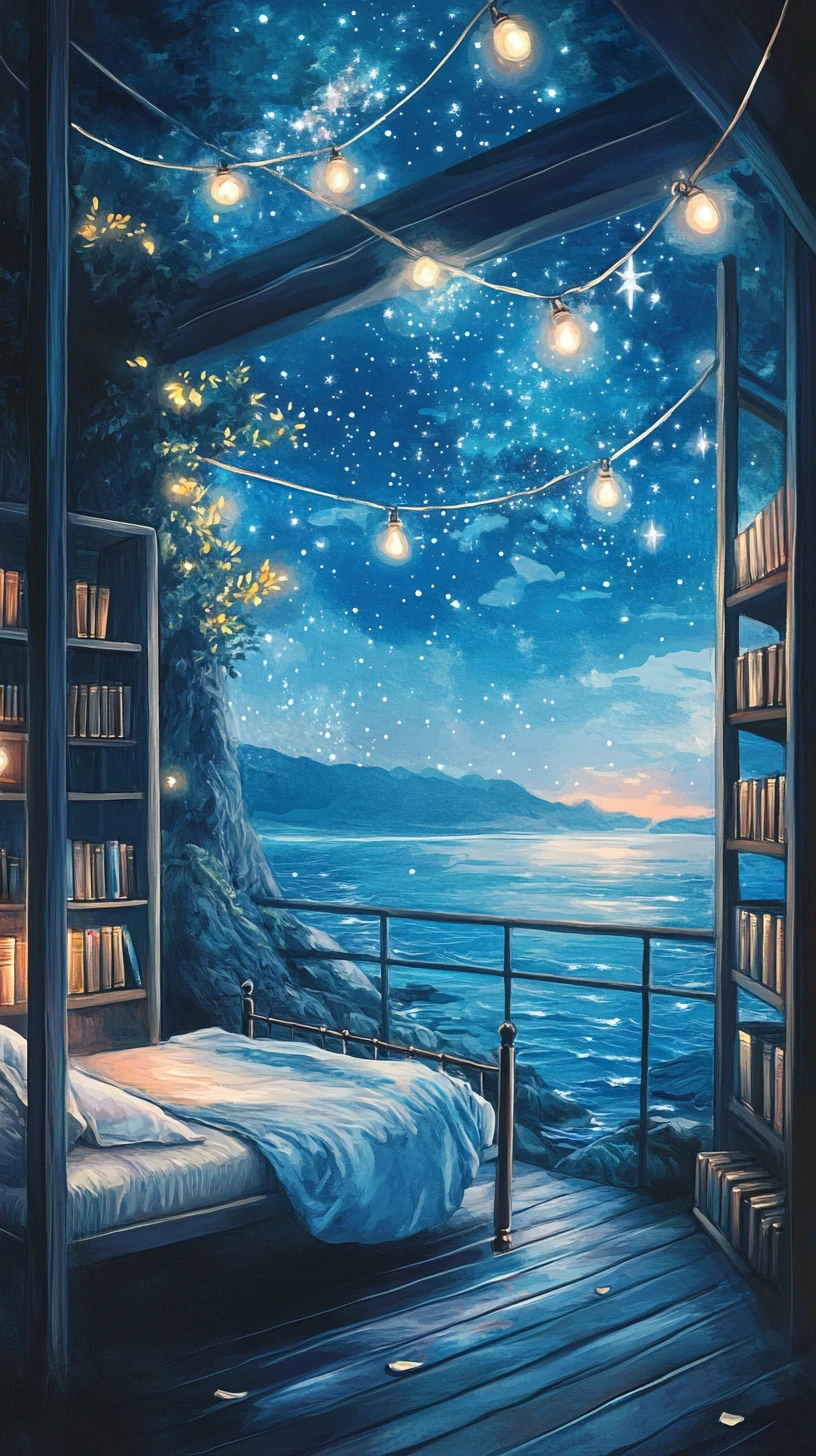 Cozy balcony library overlooking a starlit sea at night