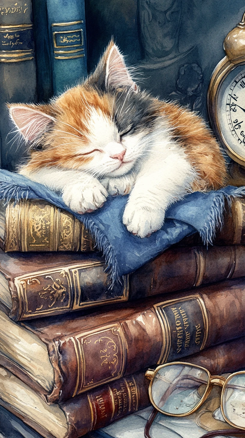 Gatito tricolor dormido sobre libros vintage en acuarela suave