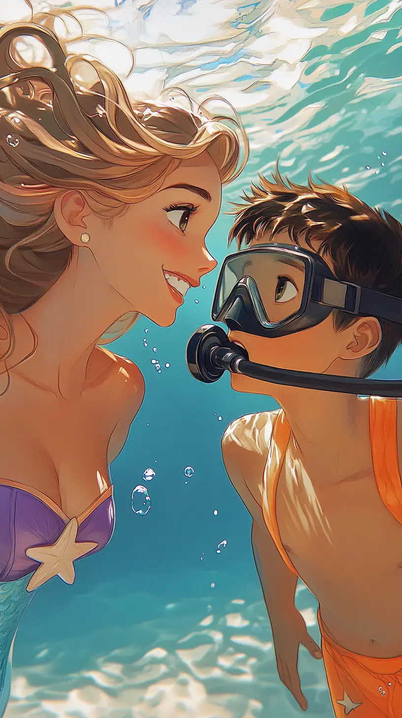 Mermaid Meeting A Diving Boy At The Waterline Border