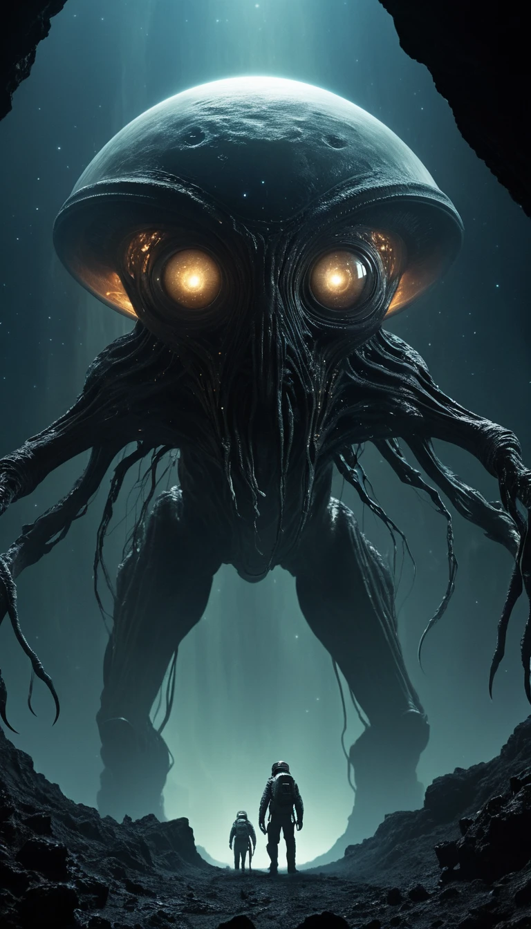 Terrifying cinematic scene of an alien ufo in darkness