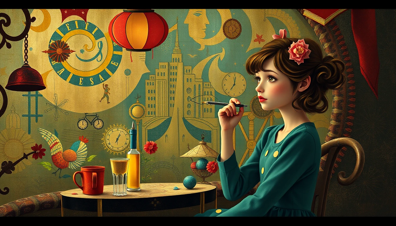 Whimsical girl observing people in a dreamy scene