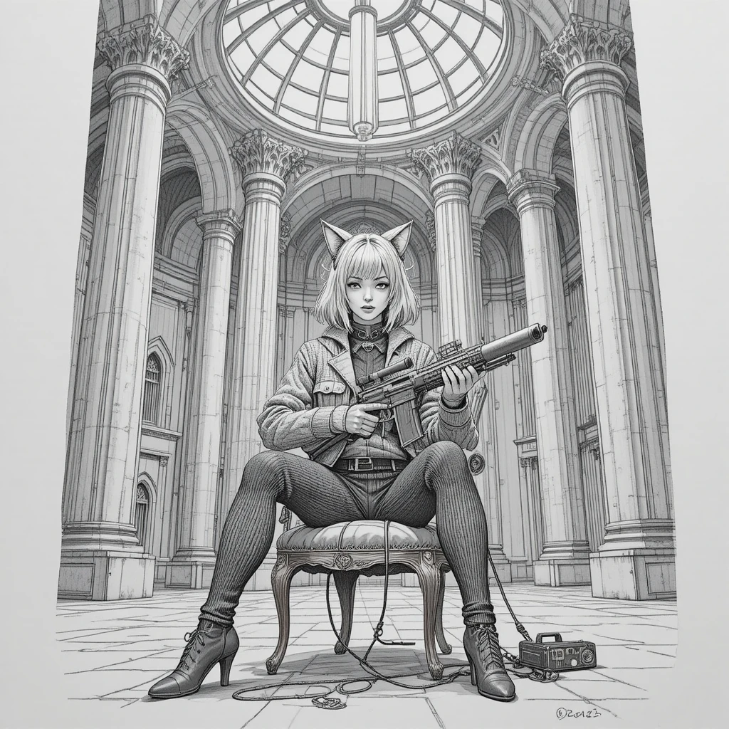 Woman with cat ears holding futuristic weapon in stone hall