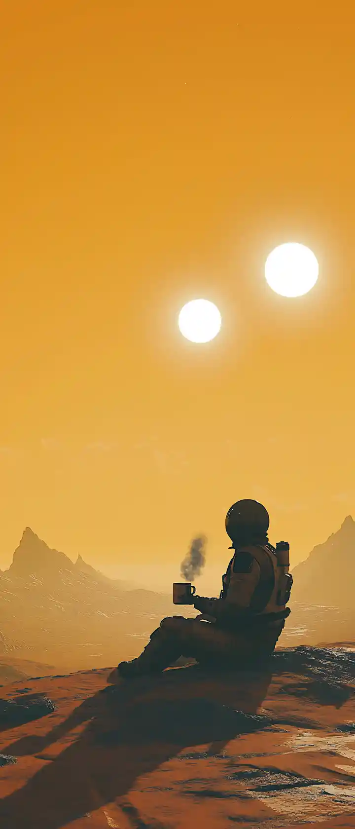 Lone astronaut resting on a desolate alien planet