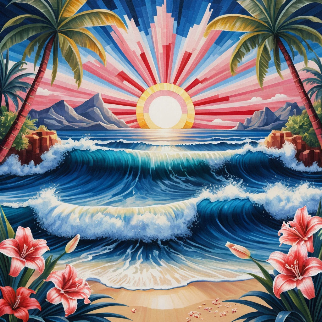 Onde Oceaniche Surreali con Palme e Fiori Rossi