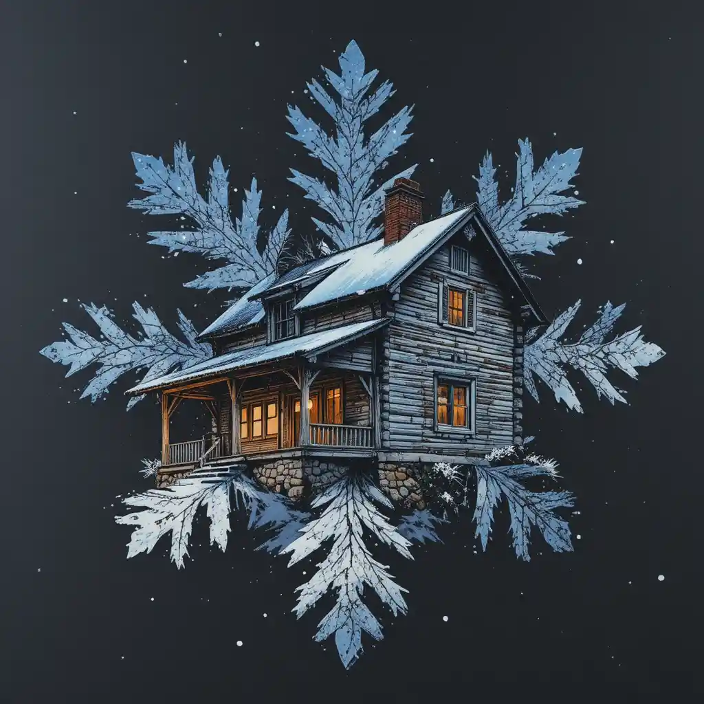 Double exposure snowflake with winter house and trees