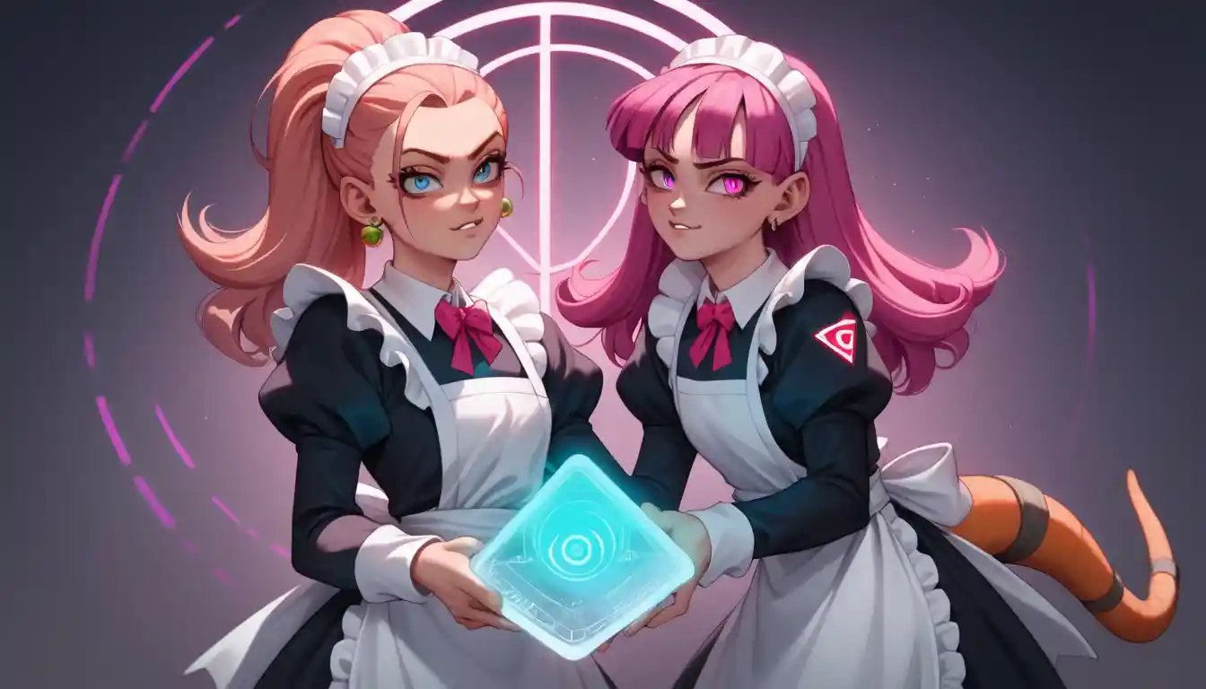 Anime loli maid beside vintage computer with glowing data