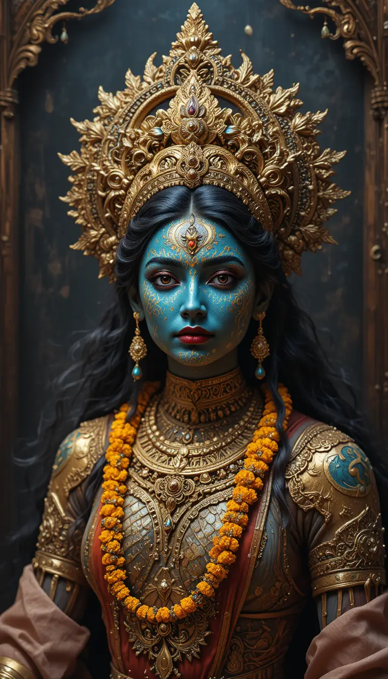 Divine horse between two women in a mythical ashram forest