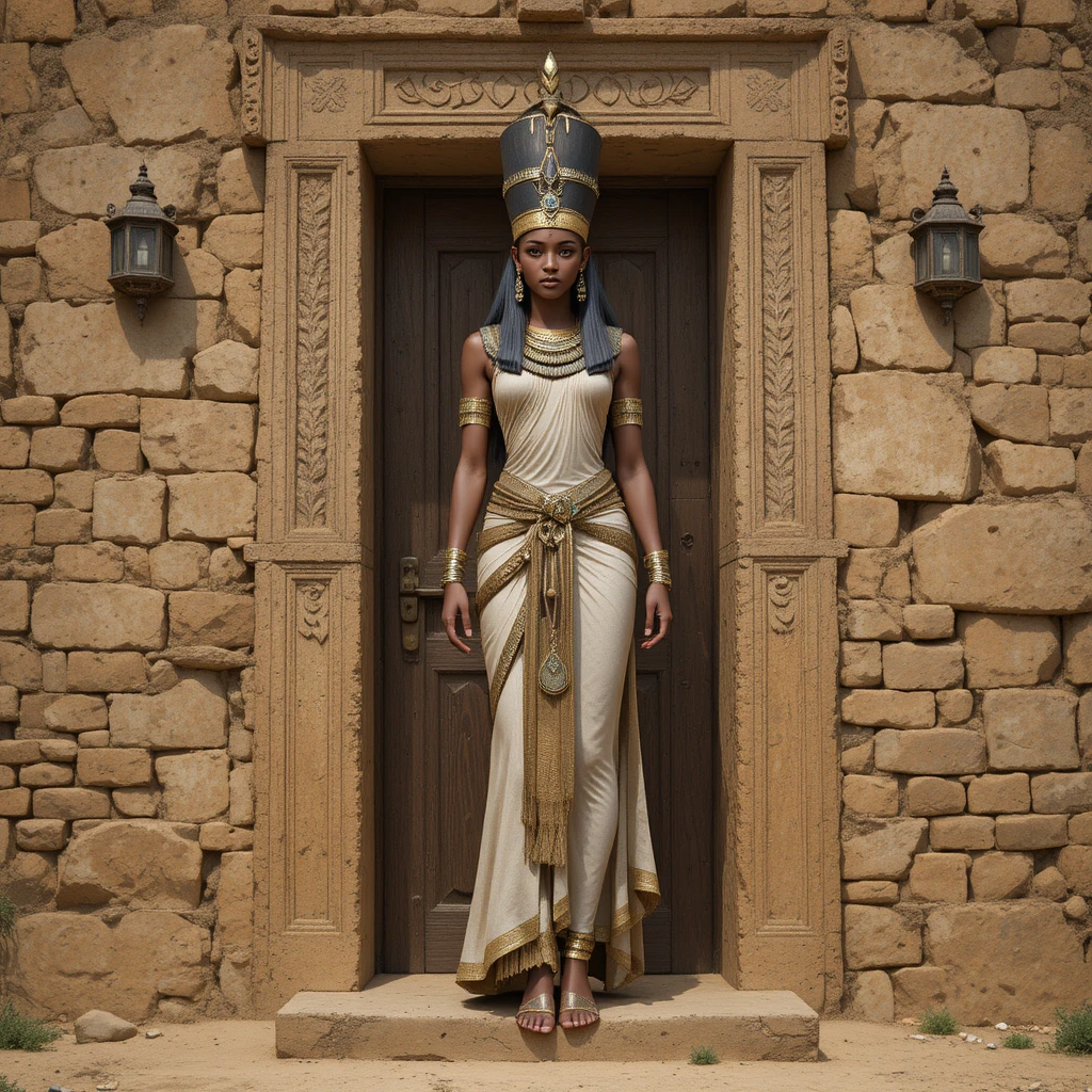 Ancient Egyptian queen standing on a rustic mud brick rooftop